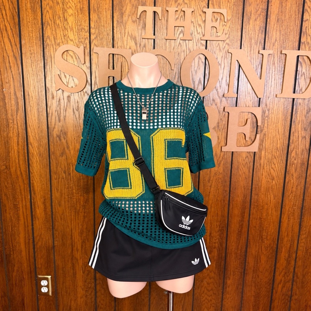 Sporty Y2K Green Mesh Knit 86 Graphic Top Women M Blokecore Streetwear Jersey